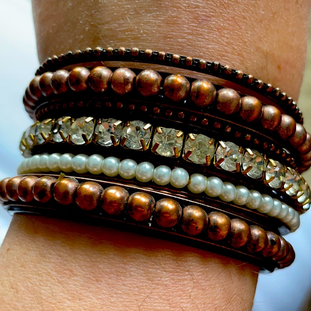 10 piece copper, pearl and rhinestone bangle set